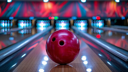 Single Bowling Ball on Polished Lane in Modern Bowling Alley. Sports Background with Copy space. 