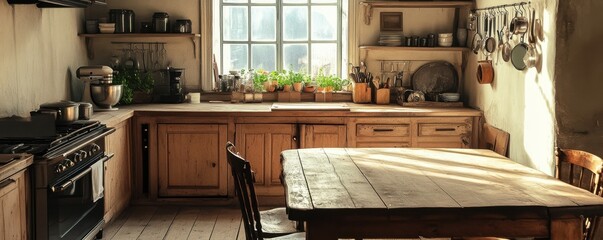 Rustic sunlit kitchen with wooden cabinets and vintage dining table