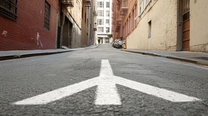 Obraz premium A shared lane symbol painted on a narrow downtown street.