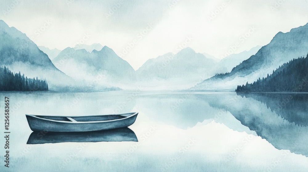 Poster serene watercolor artwork of a rowboat floating on a peaceful mountain lake under a clear sky, ideal
