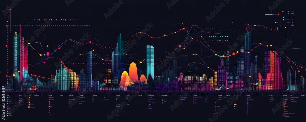 Poster colorful data visualization of urban skyline with charts and graphs