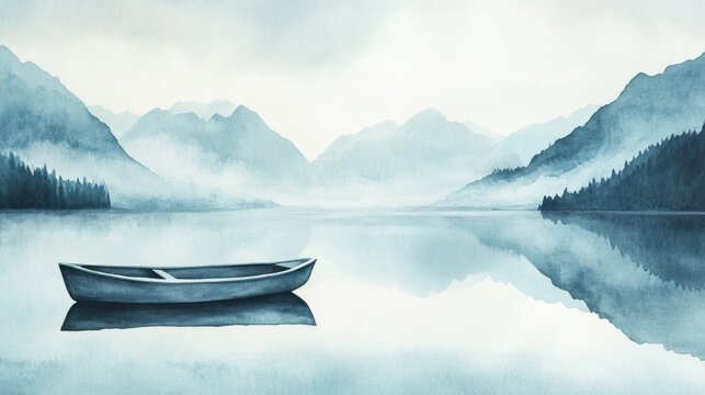 Serene watercolor artwork of a rowboat floating on a peaceful mountain lake under a clear sky, ideal for thoughtful reflections. Generative AI - Powered by Adobe