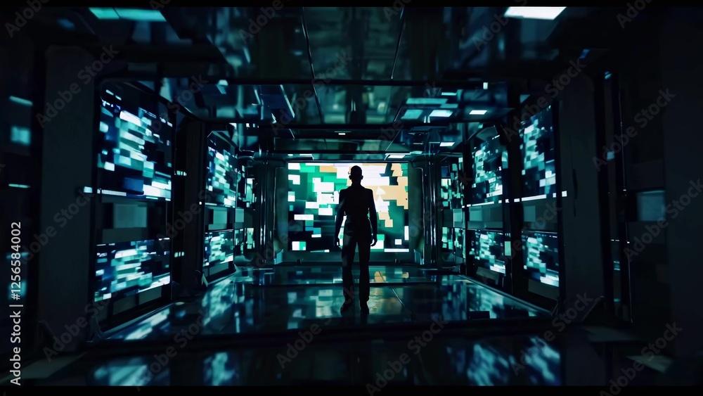 Aufkleber futuristic programmer or engineer walking in dark technological corridor with green digital screens,
