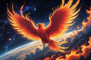 Majestic Phoenix Rising Through Cosmic Flames in Stunning Illustration