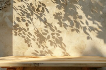 Soft shadows of tree leaves fall on a textured beige wall, with a wooden bench in the foreground. This image represents nature, minimalism, and warm, tranquil aesthetics.