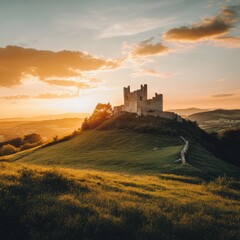 Medieval castle atop a green hill beneath a vibrant sunset sky with rolling hills in the distance. Generative AI