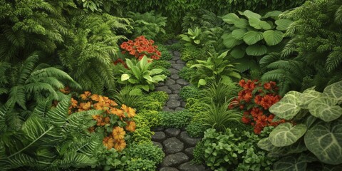 Heirloom seed showcase garden setting with diverse plants grown from heirloom seeds surrounded by lush greenery and blooming flowers.