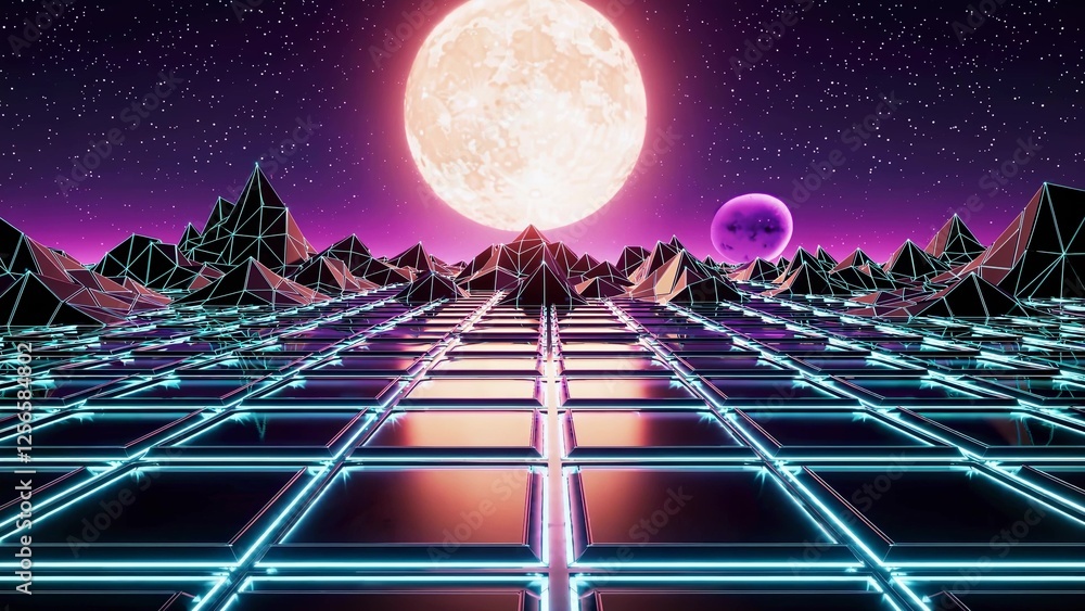 Poster neon glowing grid surface extending towards polygonal mountains under a starry sky with large planet