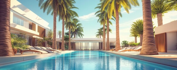 Fototapeta premium Luxurious modern villa with pool and palm trees in a tropical paradise