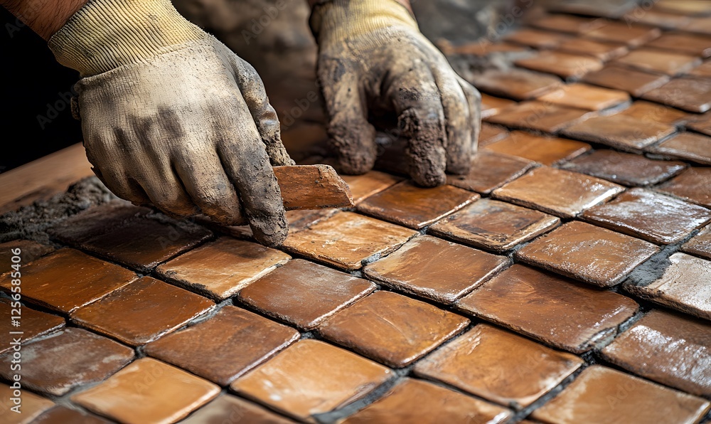Poster close-up view of gloved hands meticulously arranging wet brown tiles in a pattern