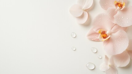 Serene Orchid Bloom: Delicate pink orchid blossoms and scattered water droplets create a tranquil and elegant scene, perfect for spa, beauty, or wellness concepts.