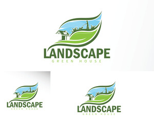 landscape logo creative green  design concept lawn mower sun forest