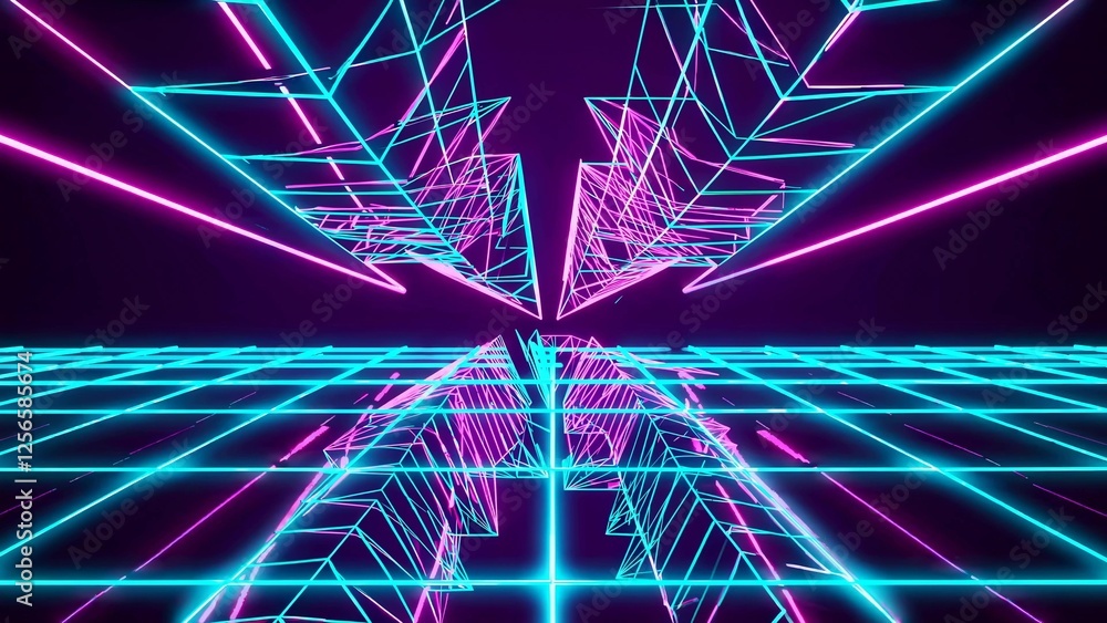 Aufkleber bright neon lines form a futuristic synthwave grid landscape, creating a vibrant and dynamic scene w