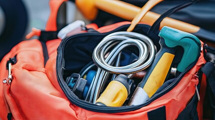 A tool bag with plumbing essentials, including a steel snake tool coiled neatly inside.