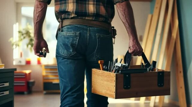 Carpenter Carrying Tool Box: A skilled craftsman, seen from behind, confidently carries a well-worn wooden toolbox brimming with essential carpentry tools.
