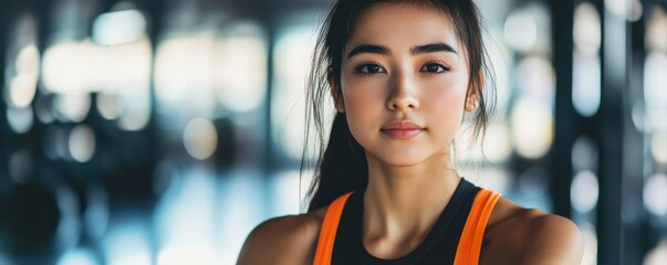 Young asian female in gym setting wearing athletic attire with bright orange straps