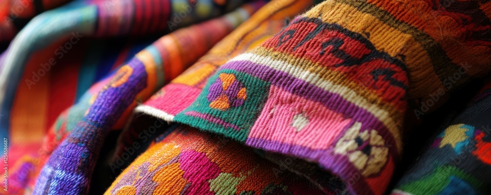 Poster close-up of colorful traditional fabric with intricate patterns and textures