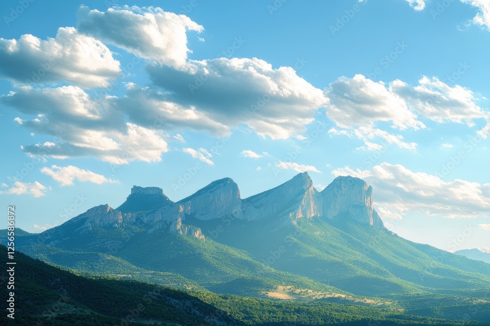 Aufkleber Majestic mountain range under soft clouds with a clear blue sky inviting tranquility and reflection. Generative AI