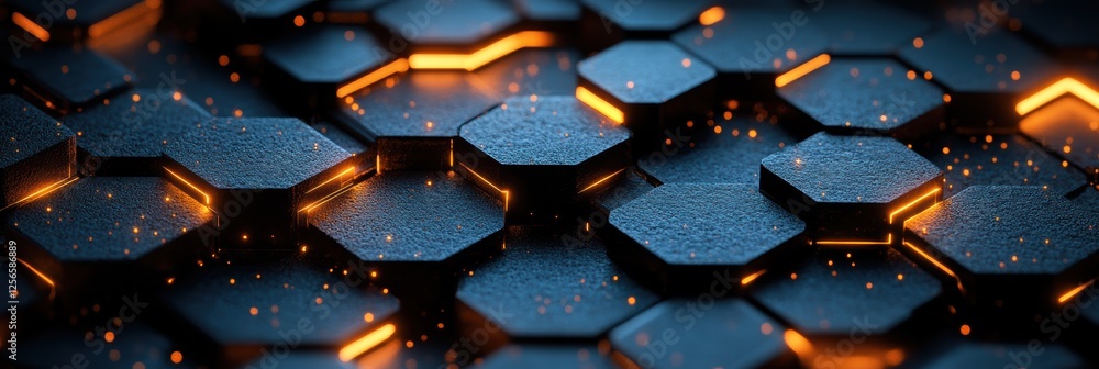 Poster vibrant hexagonal pattern with glowing elements in a contemporary design layout