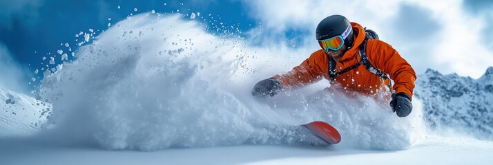 Fototapeta premium Snowboarder carves through fresh powder on a stunning winter day in the mountains