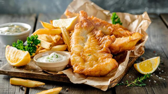 A classic serving of fish and chips sits on a pub table, Ai Generated