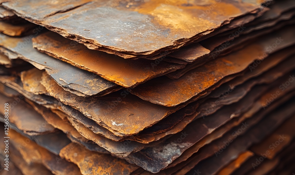 Poster a close-up of stacked rust-colored stone tiles with varying textures and colors