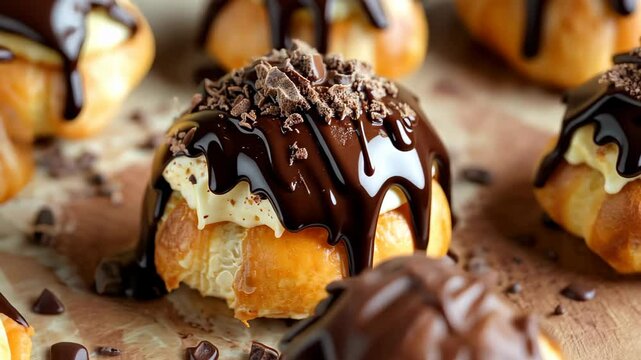 Decadent delight as chocolate ganache cascades over luscious cream puffs, Ai Generated.