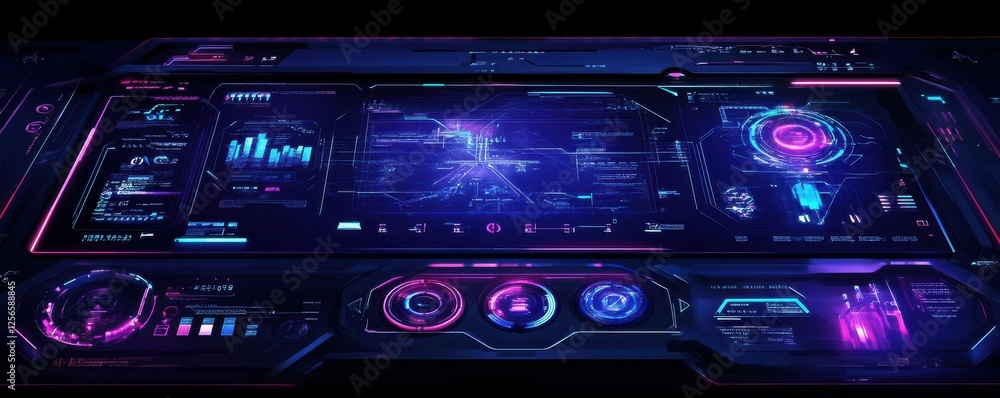 Poster futuristic holographic interface display with neon graphics and sci-fi elements