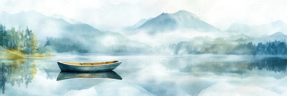 Aufkleber Serene watercolor illustration of a rowboat on a calm mountain lake with a blank sky for text overlay. Generative AI