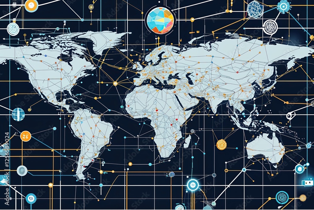 Poster intricate global illustrated connections with lines and technology in a digital grid pattern