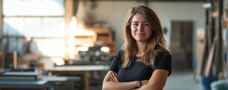 Young caucasian female carpenter in workshop smiling confidently