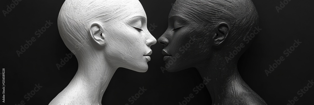 Poster black and white sculptures representing unity and contrast between two figures