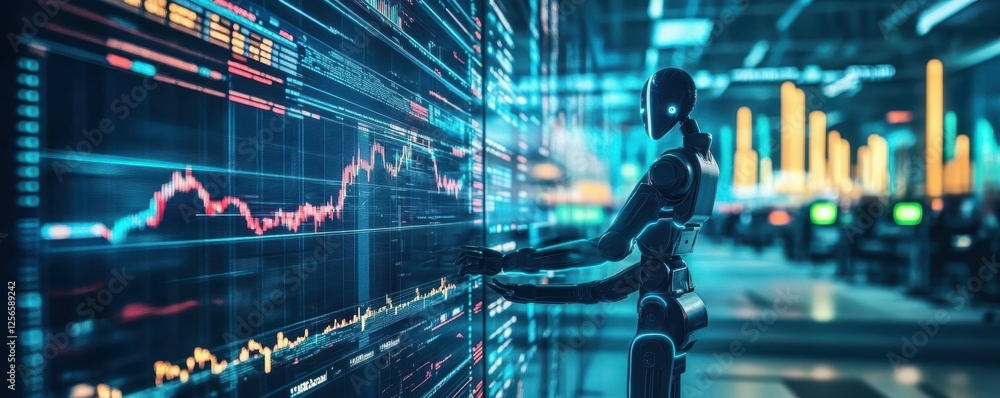 Poster futuristic robot analyzing financial data on interactive screens in modern office