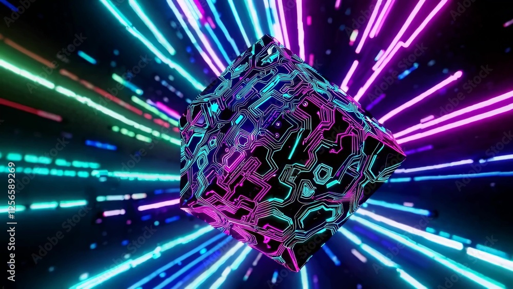 Poster Glowing neon cube rotating in space with futuristic circuit board pattern and colorful light trails background, creating a vibrant and dynamic visual