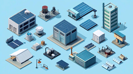 Naklejka premium Isometric Illustration of a Modern Sustainable Energy Facility with Solar Panels and Various Industrial Components
