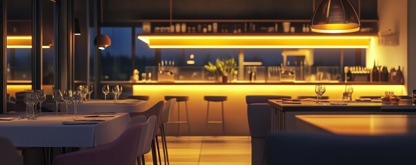 Cozy contemporary restaurant interior with ambient lighting at dusk