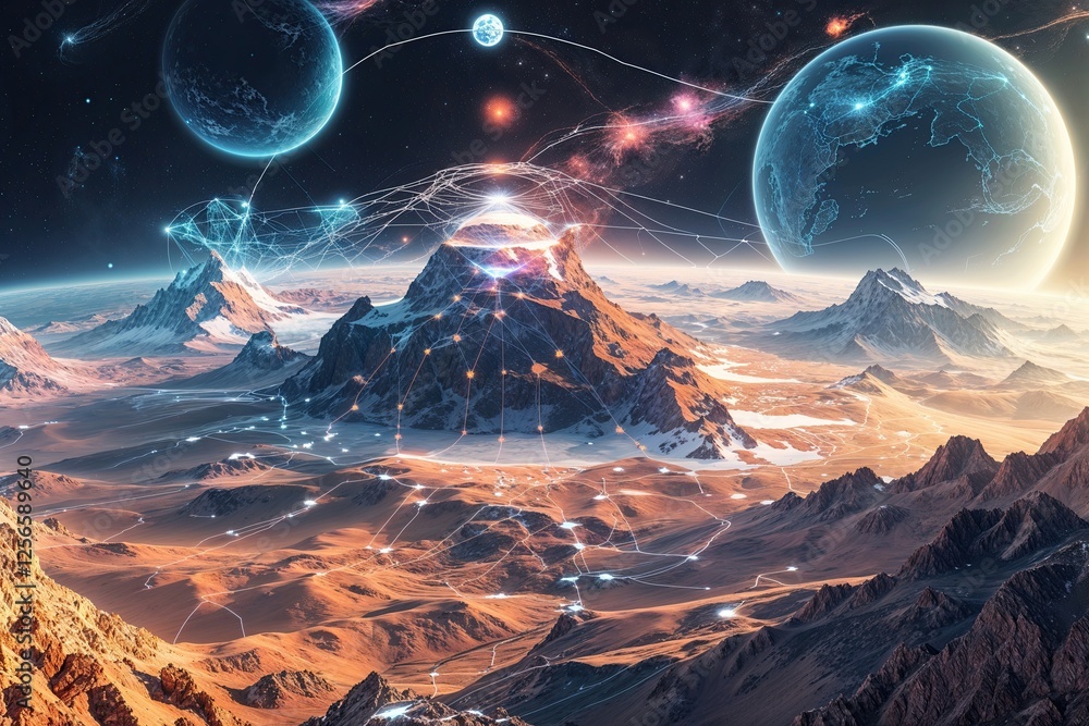 Poster global cosmic connections through synthesized technology in abstract terrain imagery