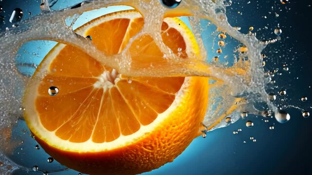 Experience the zest of nature as water dances with a ripe orange, a burst of vitality frozen in time, Ai Generated.