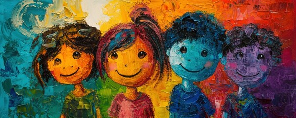 Colorful abstract painting of happy children with smiling faces