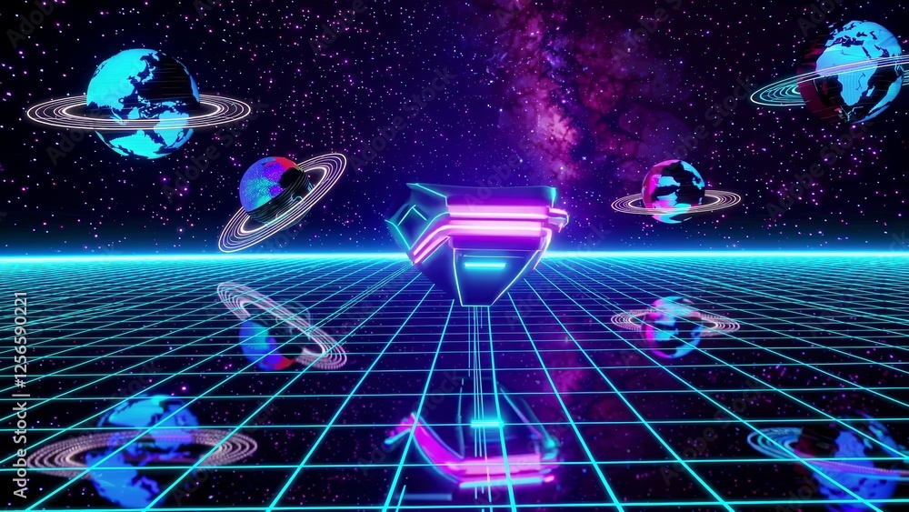 Poster retro spaceship soaring above a vibrant neon grid surface, with colorful reflections of planets and 