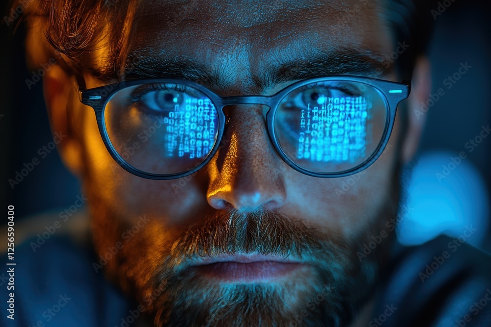 Poster developer in glasses focuses intently on code displayed on computer screens at night