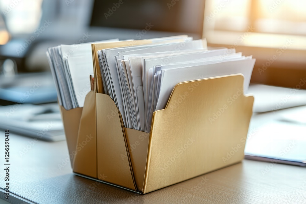 Poster office workspace with organized documents in a stylish folder on a desk