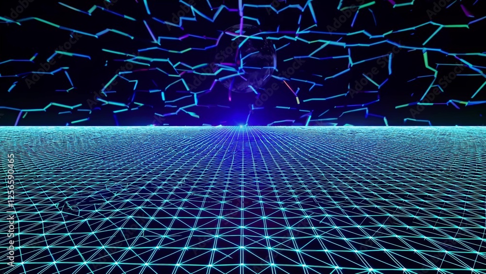 Poster planet earth exploding over a luminous blue grid, surrounded by a vibrant digital world filled with 