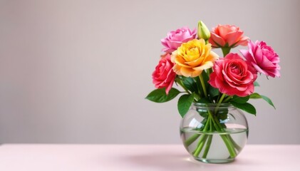 Fototapeta premium Beautiful floral arrangement in a modern glass vase, interior, flowers, vase