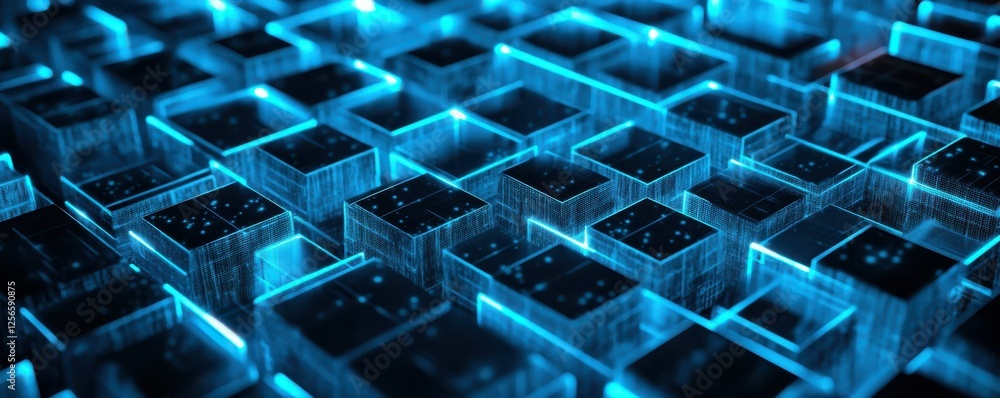 Aufkleber neon blue cubic pattern with glowing edges in digital abstract design