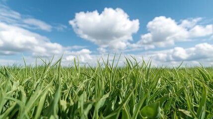 Obraz premium Lush green grass blades growing in a wide field under a bright blue sky with white clouds during daytime.