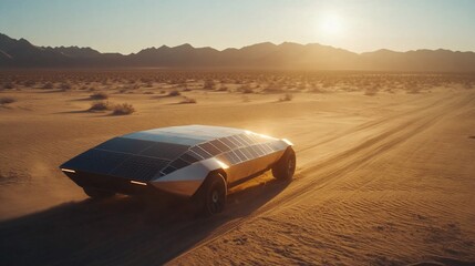 Solar-Powered Car in Desert Sunset