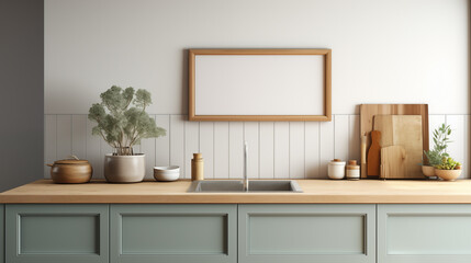 Contour, cadre décoratif en bois pour mock-up, conception et création graphique. Avec éléments décoratifs autour. Intérieur d'une maison. Arrière-plan blanc, épuré, vide. 