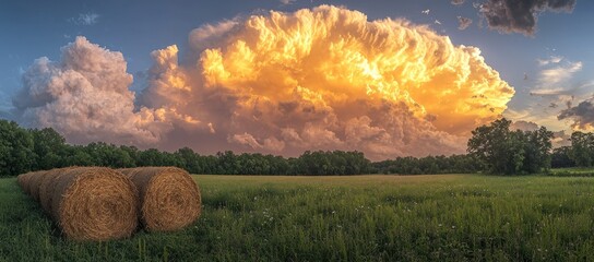 Dramatic sunset over hay bales in a green field.