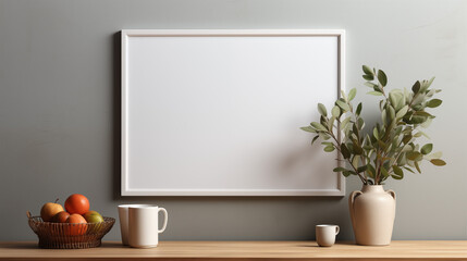 Contour, cadre décoratif en bois pour mock-up, conception et création graphique. Avec éléments décoratifs autour. Intérieur d'une maison. Arrière-plan blanc, épuré, vide. 